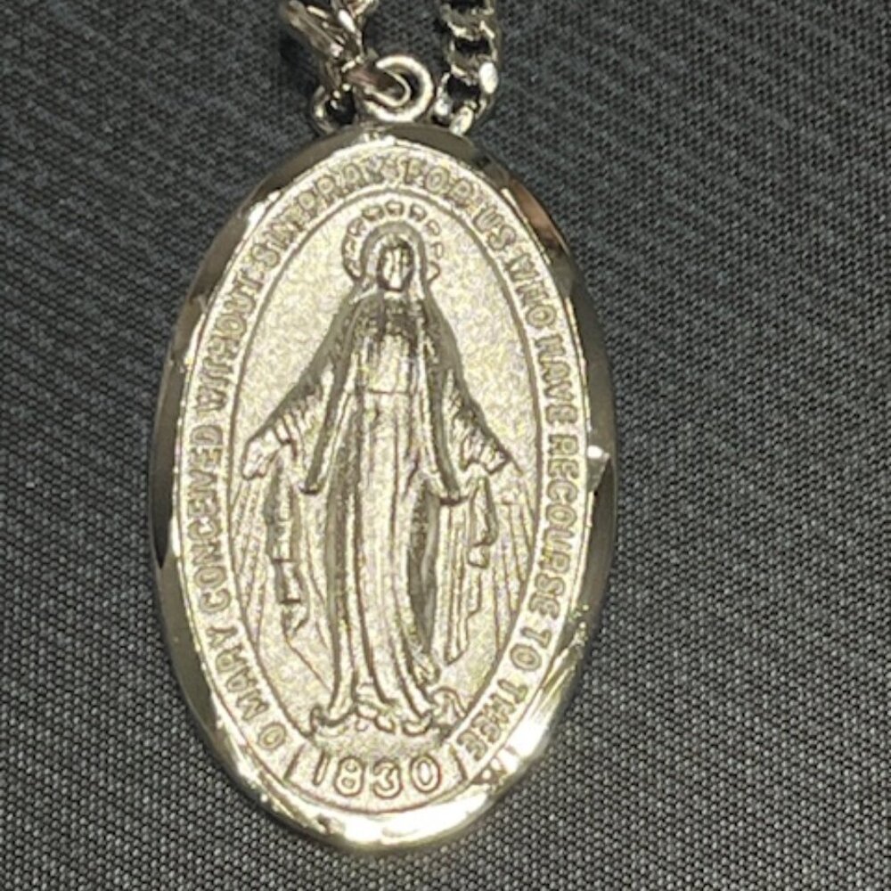 Miraculous Prayer Medal Pendant 24" Chain Rhodium Finish NEW IN BOX